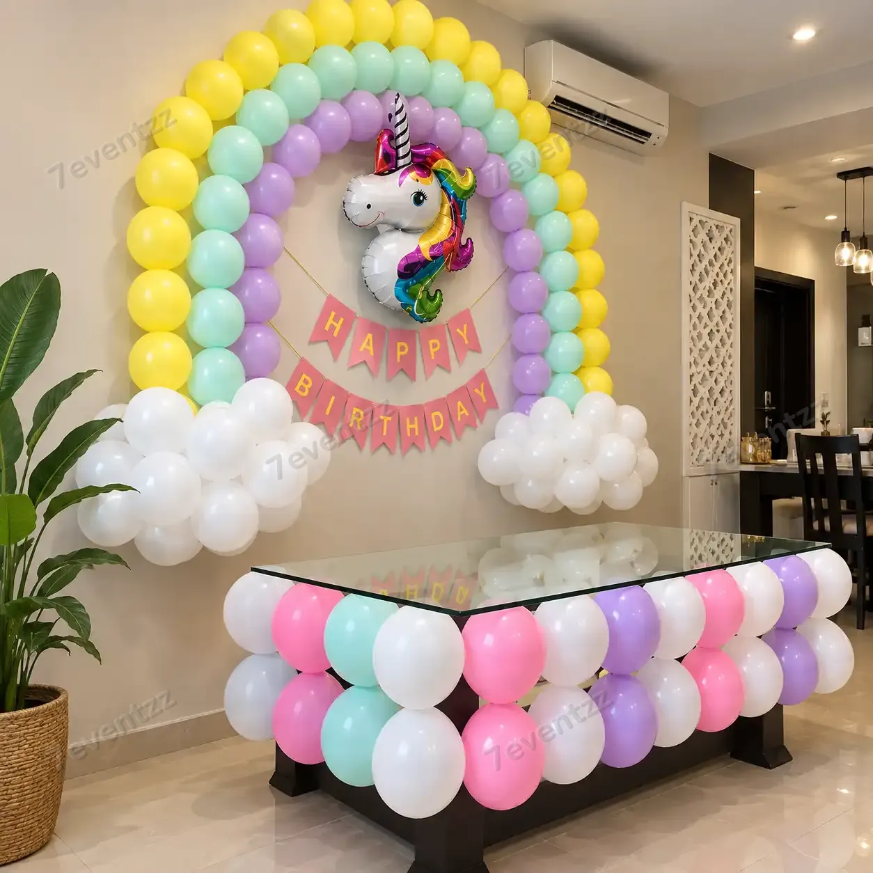 Unicorn Theme Hall Decoration for Kids Theme with clouds & rainbow wall décor of approximately 100 pastel balloons — photo 2