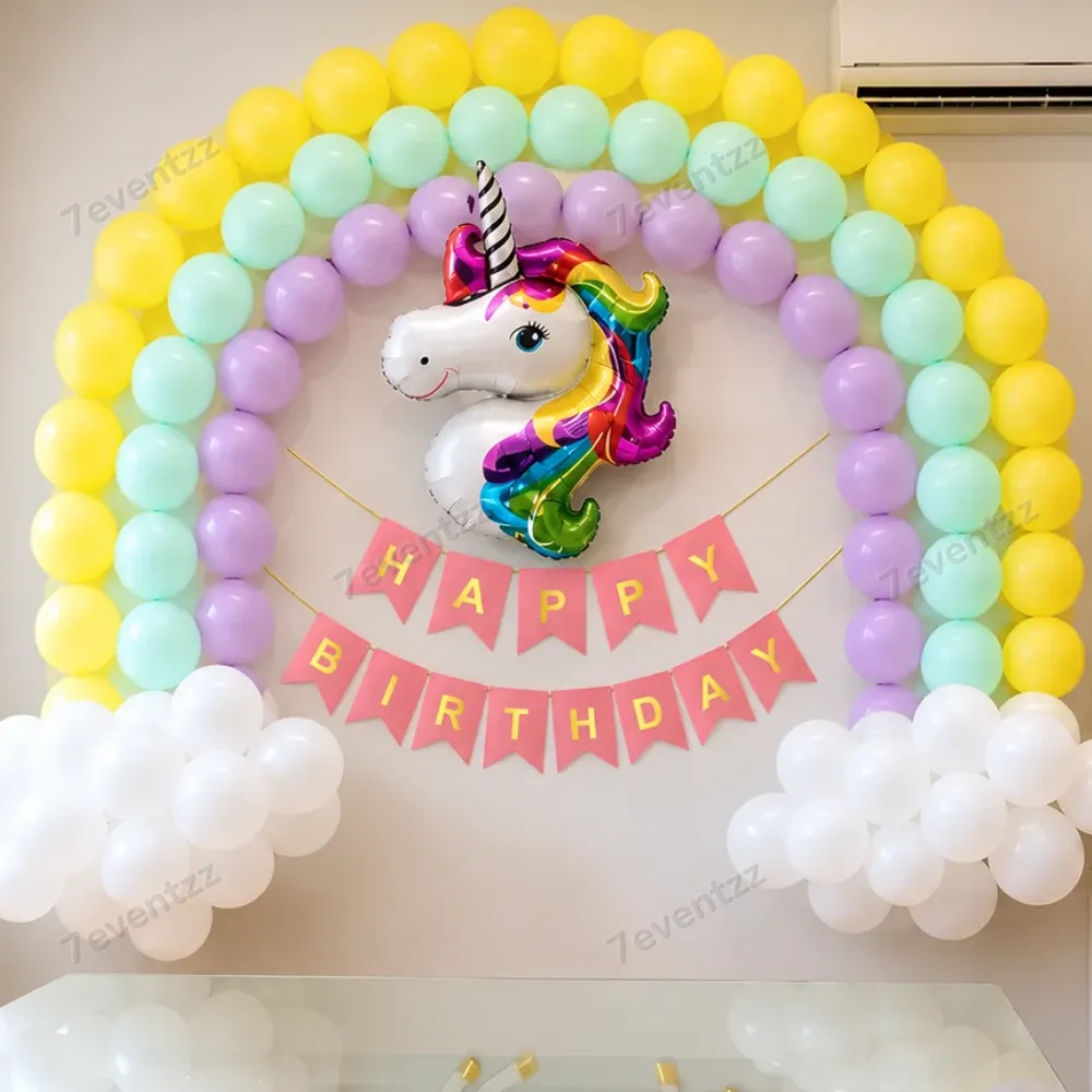 Unicorn Theme Hall Decoration for Kids Theme with clouds & rainbow wall décor of approximately 100 pastel balloons — photo 3