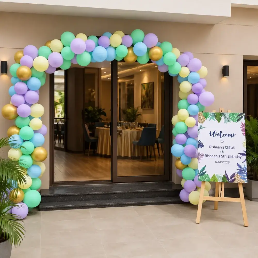 1st Birthday Stage Decoration with ring backdrop (7*7 feet) with happy birthday neon light — photo 2