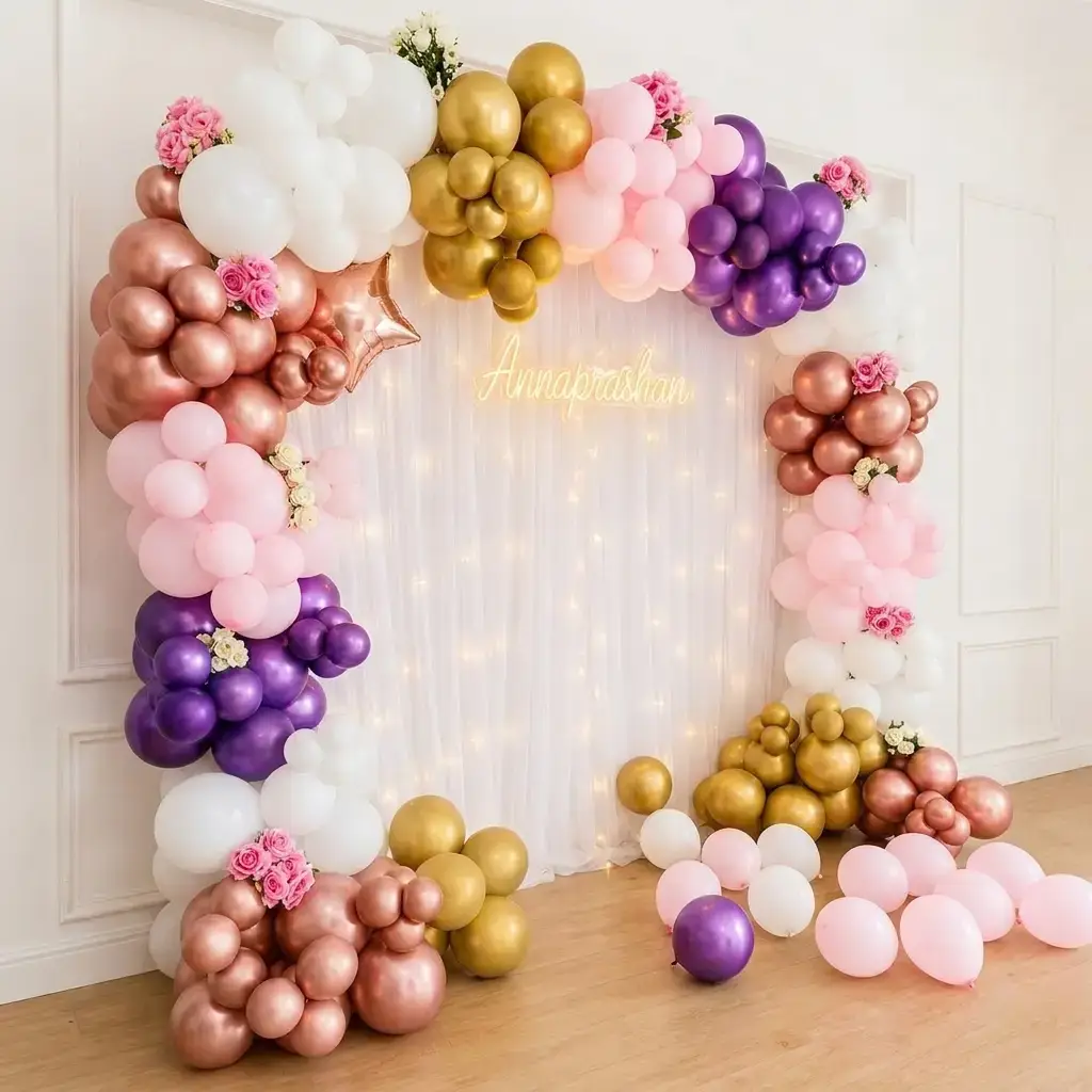 Annaprashan Hall Decoration for Ceremony with white backdrop with stand (8*8 feet) and fairy lights — photo 2