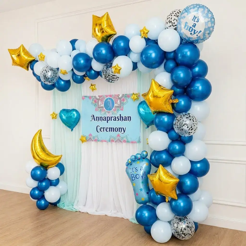 Annaprashan Home Balloon Decoration for Ceremony with balloons arch of 180 balloons on wall — photo 2