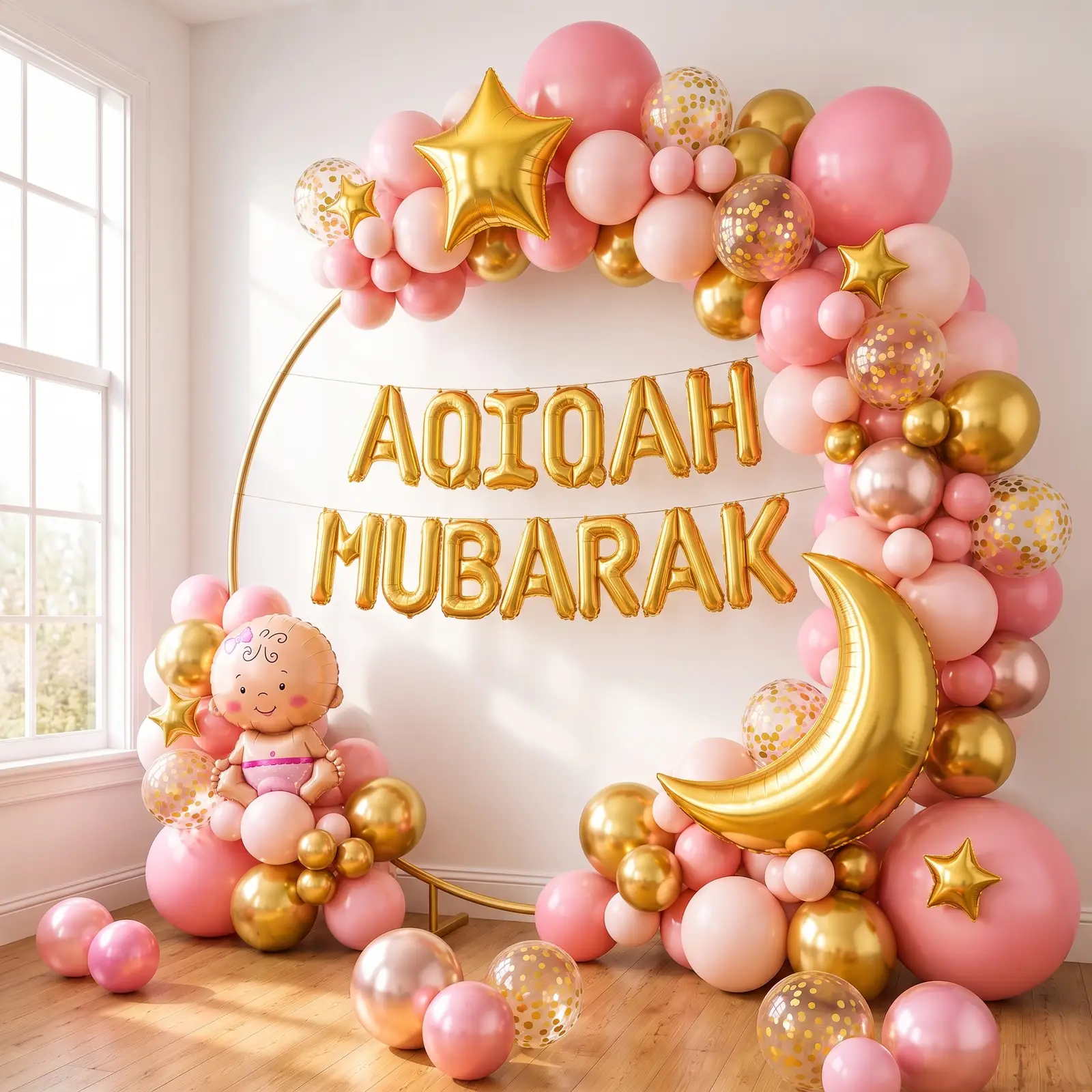 Baby Aqiqah Decoration with Balloon with ring backdrop with stand — photo 2