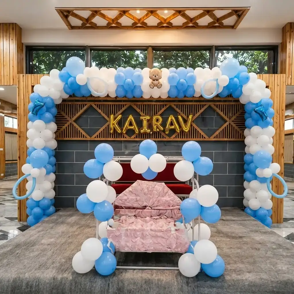 Baby Naming Stage Decoration for Ceremony with balloon arch on wall of 200 balloons — photo 2