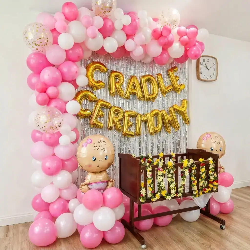 Cradle Balloon Arch Decoration for Ceremony with 2 frill curtains on wall — photo 2