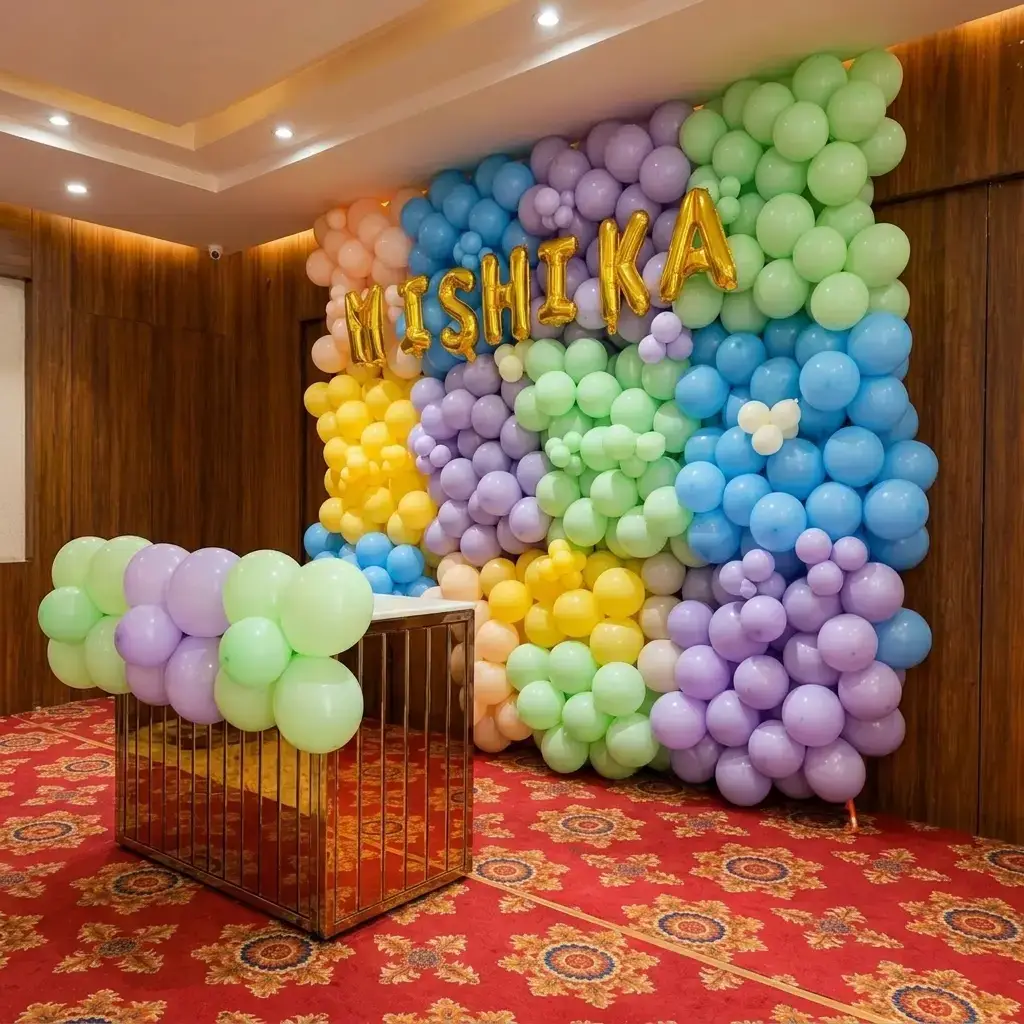 Homemade Naming Ceremony Setup with balloon wall of 400 balloons with stand — photo 2