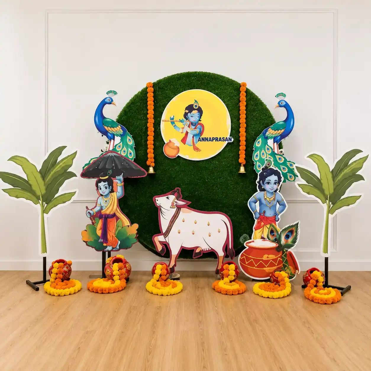 Krishna Theme Backdrop Decoration for Ceremony with round green backdrop with stand (7*7 feet) — photo 2