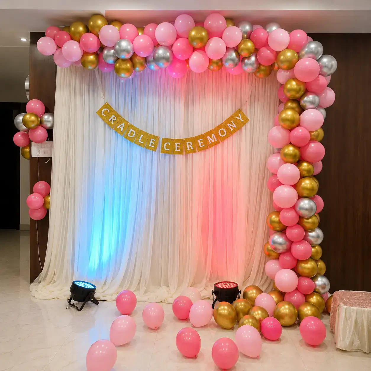 Simple Cradle Ceremony Decoration with white cloth backdrop with stand — photo 3