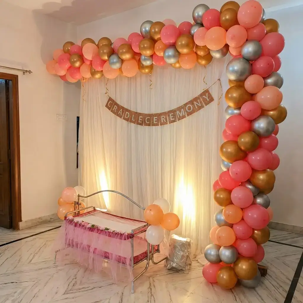 Simple Cradle Ceremony Decoration with white cloth backdrop with stand — photo 2