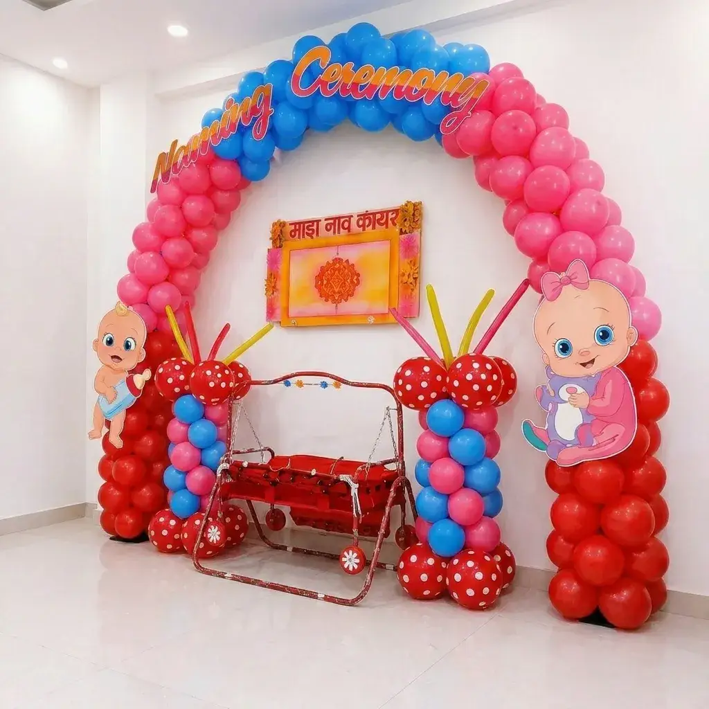 Simple Naming Ceremony Setup with balloon arch of 200 balloons on wall — photo 2
