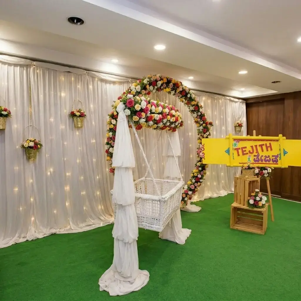 Traditional Stage Naming Ceremony with white backdrop with stand (8*8 feet) with lights — photo 2
