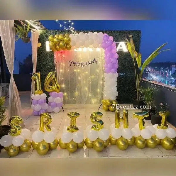Terrace Birthday Balloon Setup with white backdrop with stand (8*8 feet) and lights — photo 2
