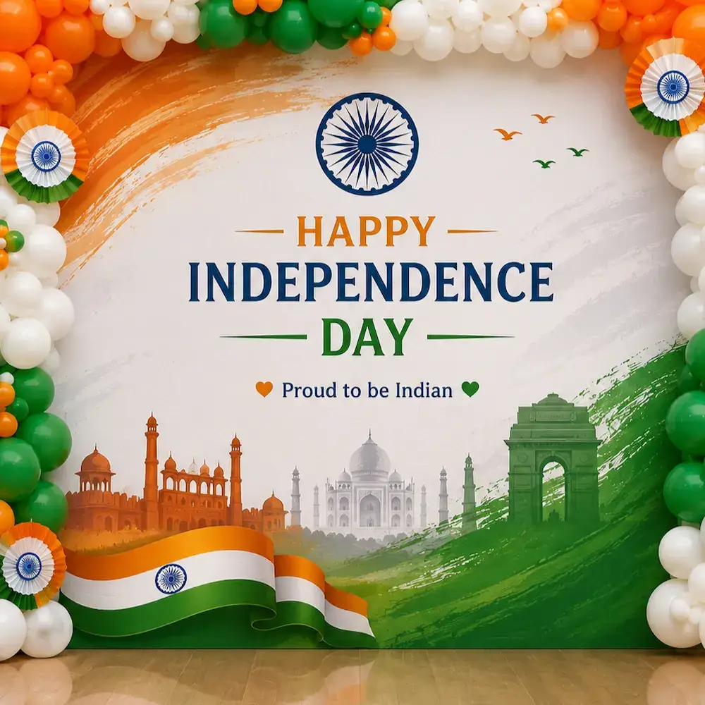 Independence Day Balloon Arch Decoration for Office with customized flex backdrop — photo 2