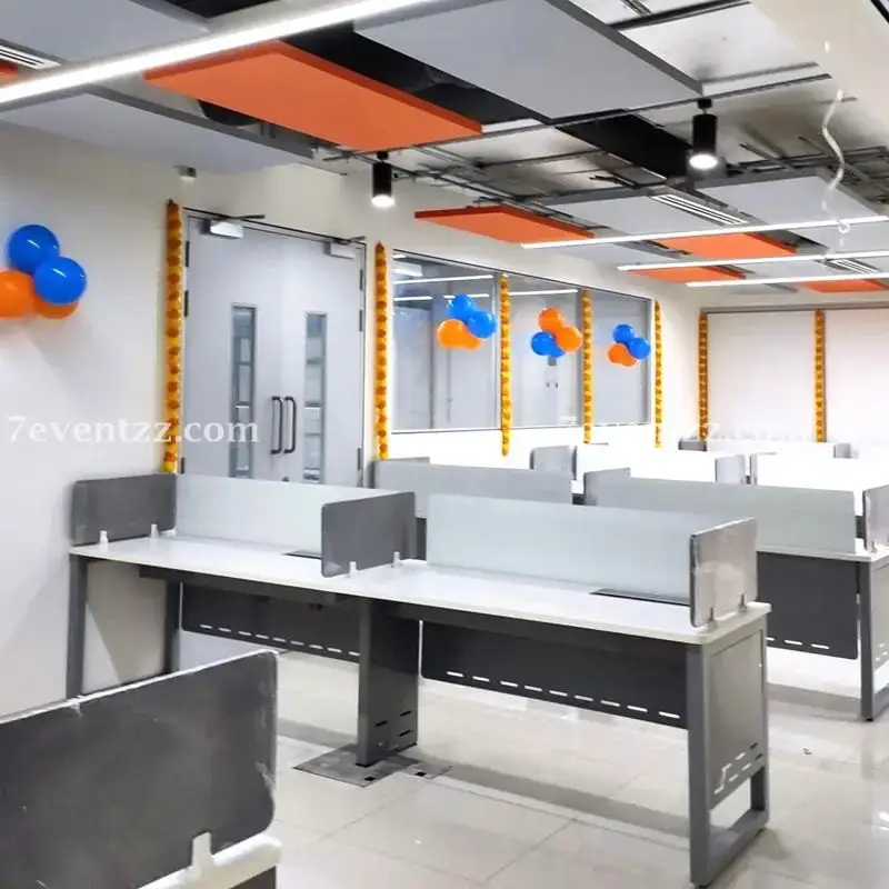 Office Inauguration Decoration with 100 balloon bunches on wall with hanging ribbons — photo 3