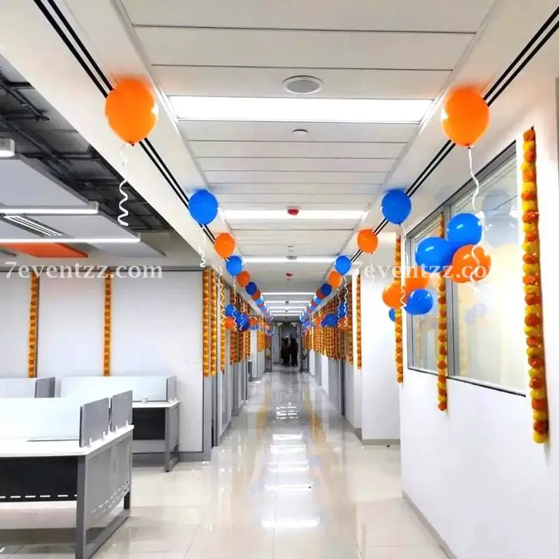 Office Inauguration Decoration with 100 balloon bunches on wall with hanging ribbons — photo 2
