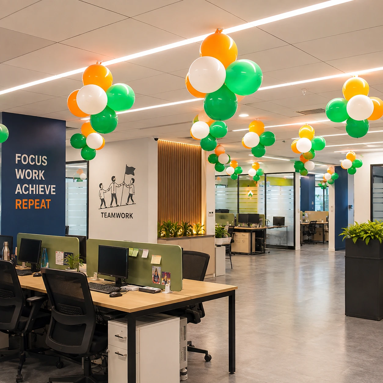 Tricolor Office Ceiling Balloon Decoration for Independence Day with 300 balloons for office decoration