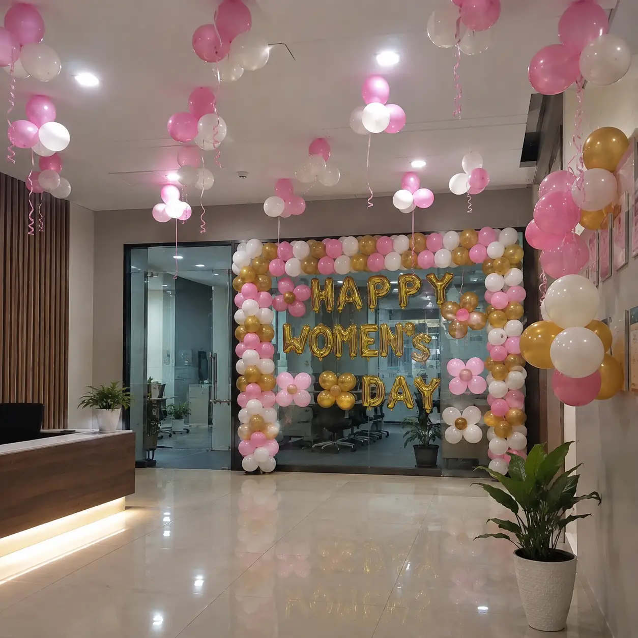 Womens Day Decoration for Office with balloon arch on wall of 200 balloons — photo 2