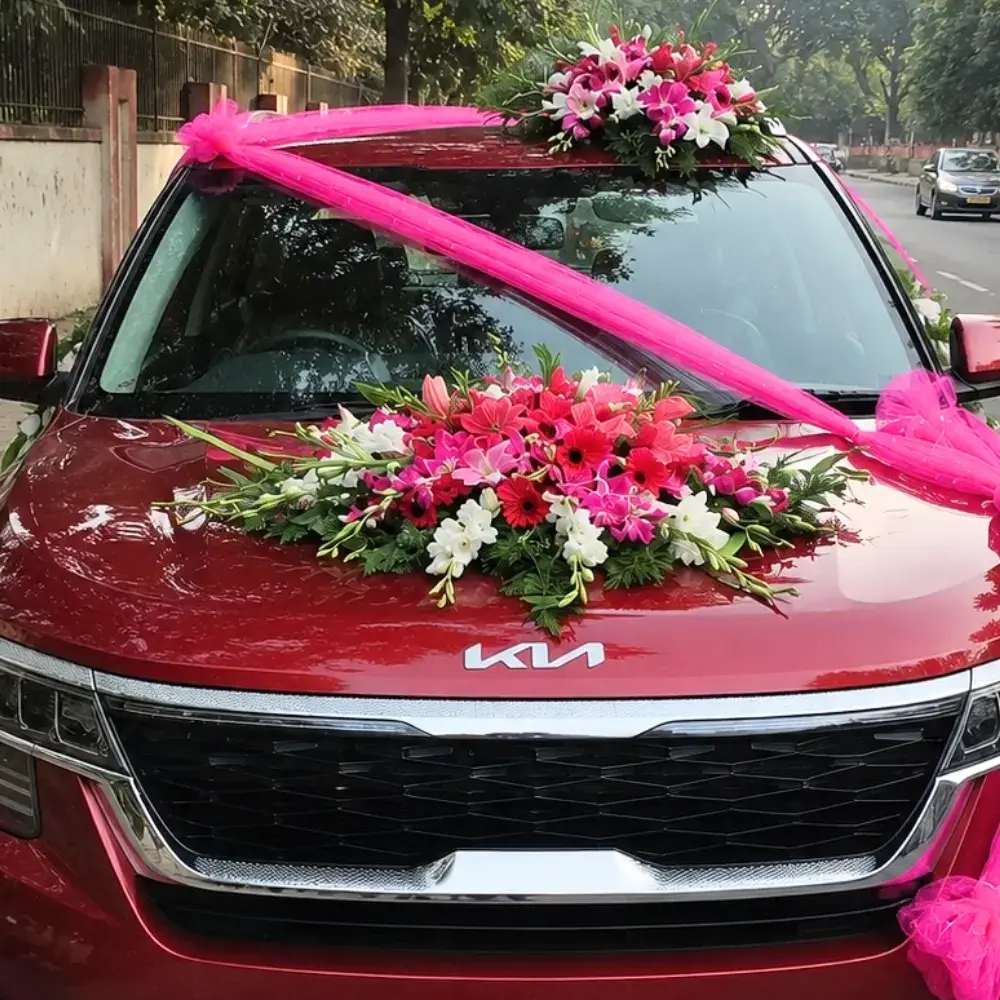 Pink Floral Wedding Car Decoration with 1 mix flower bouquet on the bumper of the car — photo 2