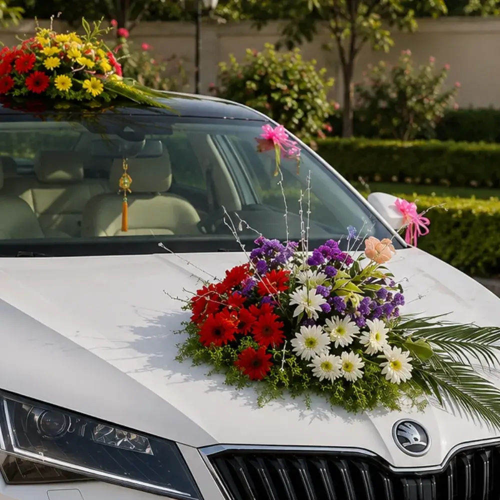 Simple Car Flower Decoration for Wedding Car with 1 mixed flower bouquet in front of the car bonnet — photo 2