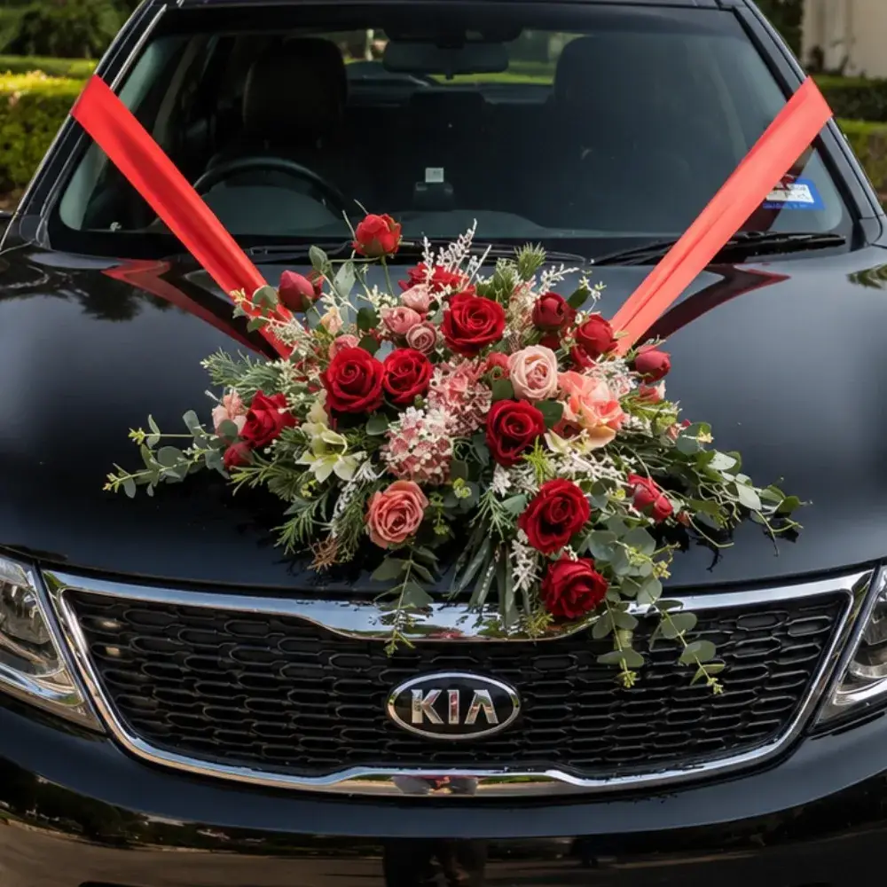 Simple Marriage Car Decoration for Wedding Car with 1 mixed flower bouquet in front of the car bonnet — photo 2