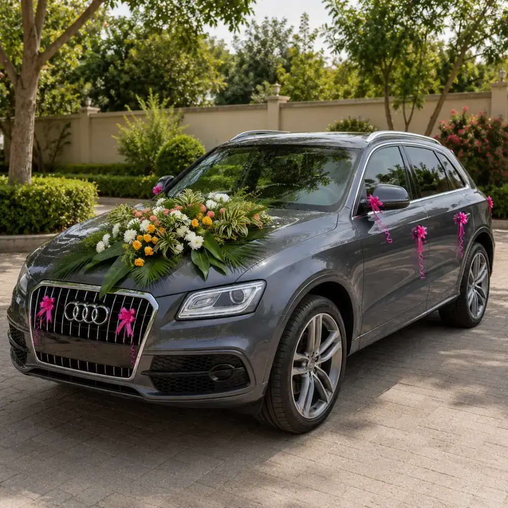 Wedding Car Decoration With Flowers with 1 mix flower bouquet in front of the car bonnet including leaves — photo 3