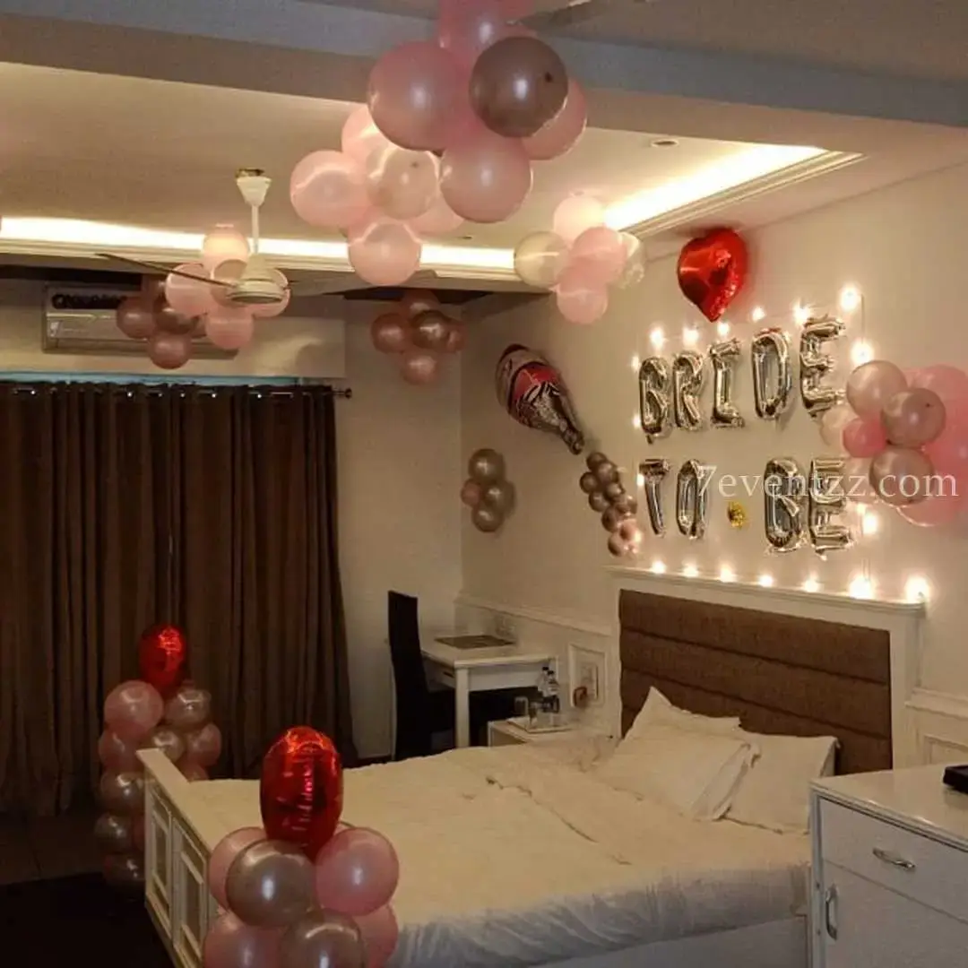 Bride to be Room Decoration for Bachelorette with 50 balloons on ceilings with ribbons — photo 2