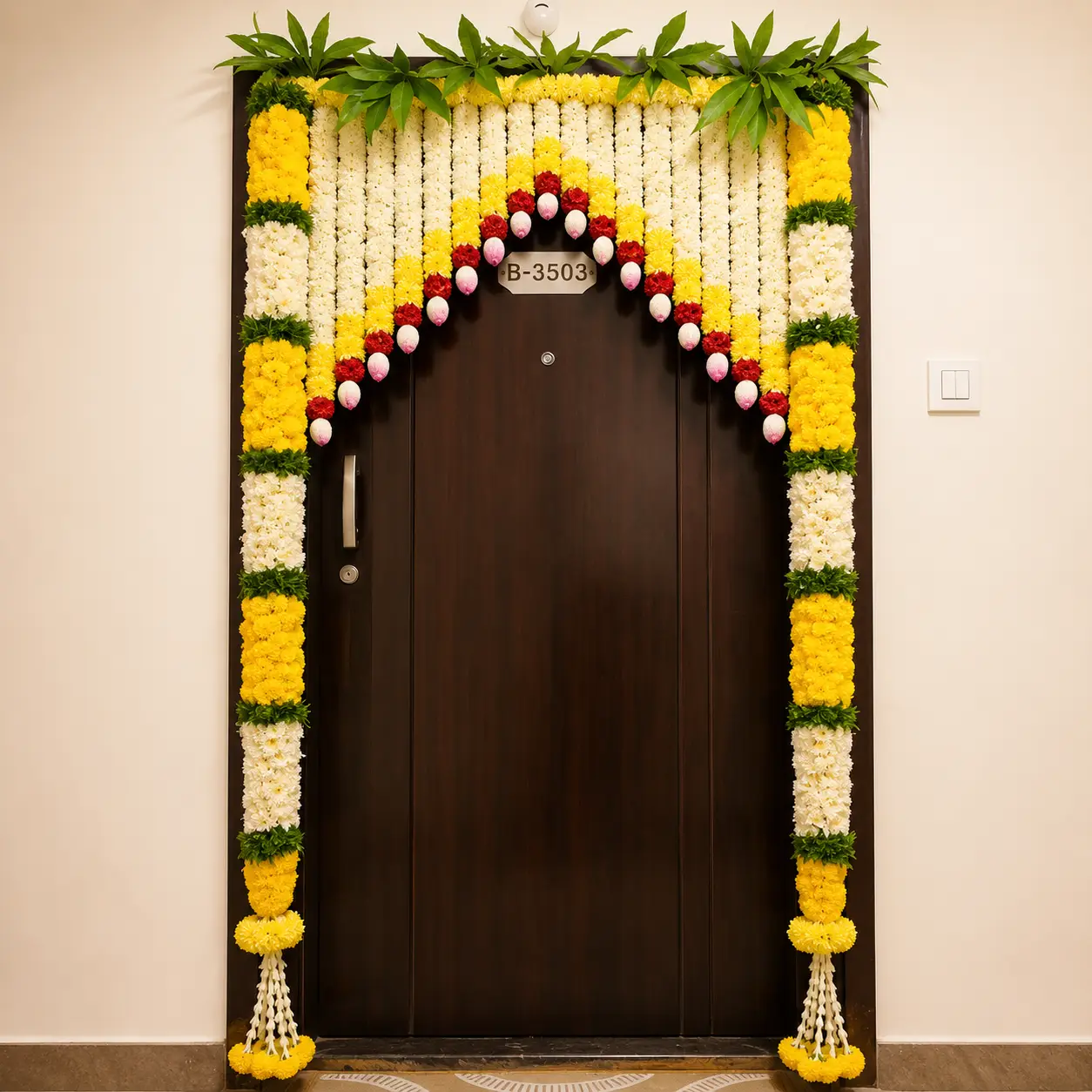 Elegant Housewarming Flower Setup with flowers garlands for gate decoration — photo 2
