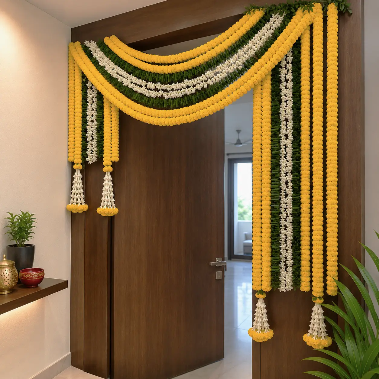 Front Door Decoration with Flowers with entrance gate decorated with artificial flowers (marigold, white flowers) — photo 2
