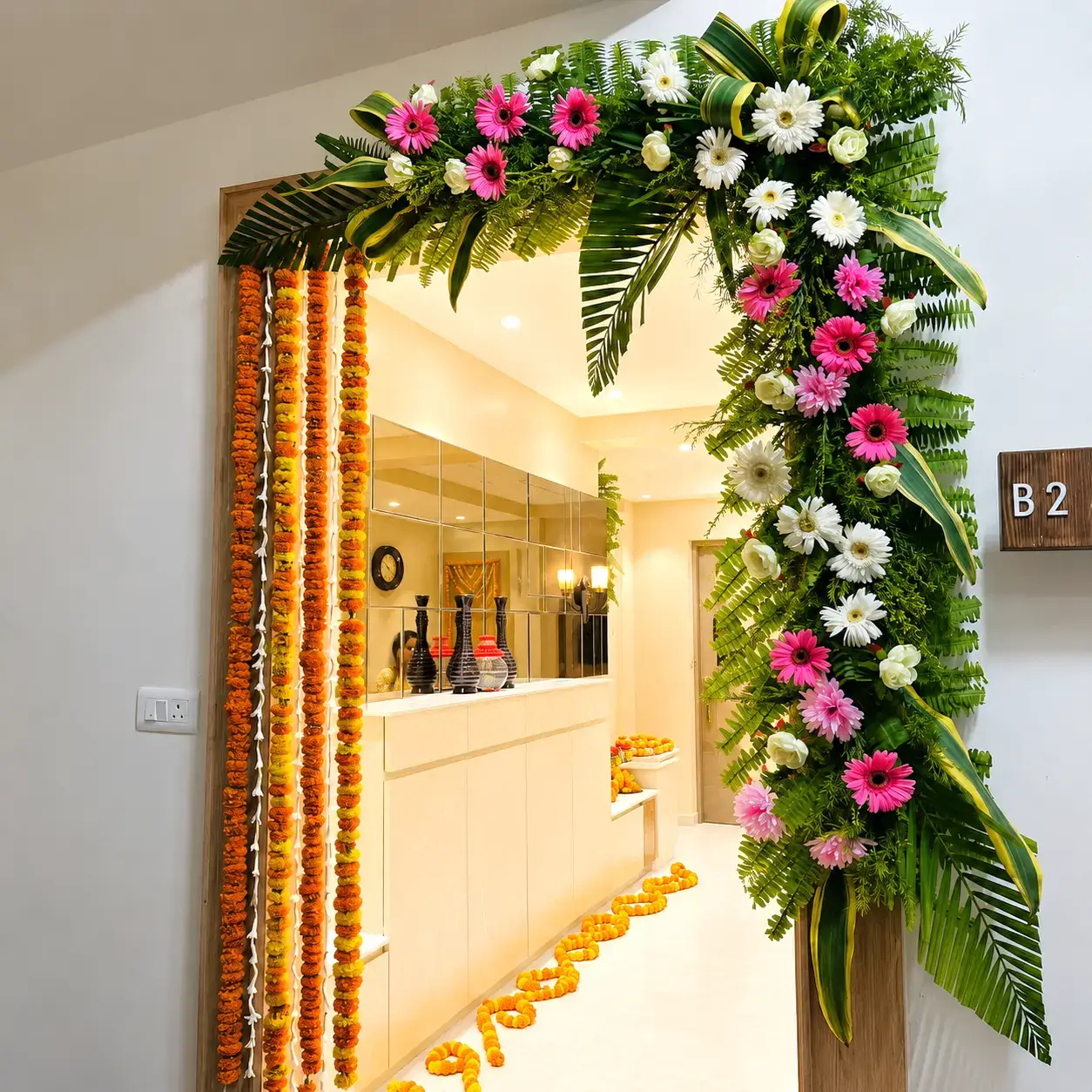 Griha Pravesh Flower Decoration with flower decoration and leaves — photo 3