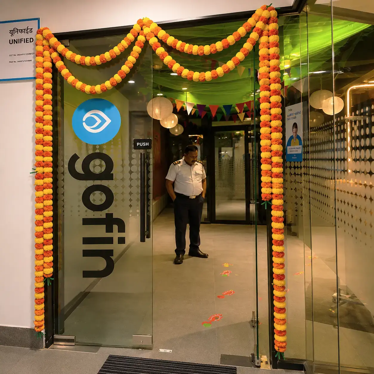 Office Front Door Decoration for Flower with entrance gate decorated with artificial marigold flowers — photo 2