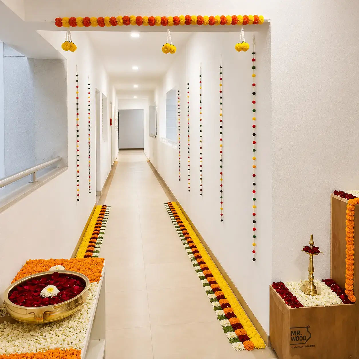 Office Puja Flower Decoration with flower garlands for decoration — photo 3