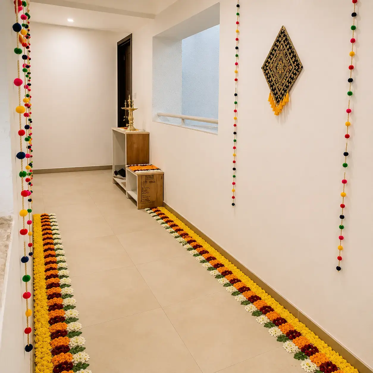 Office Puja Flower Decoration with flower garlands for decoration — photo 2