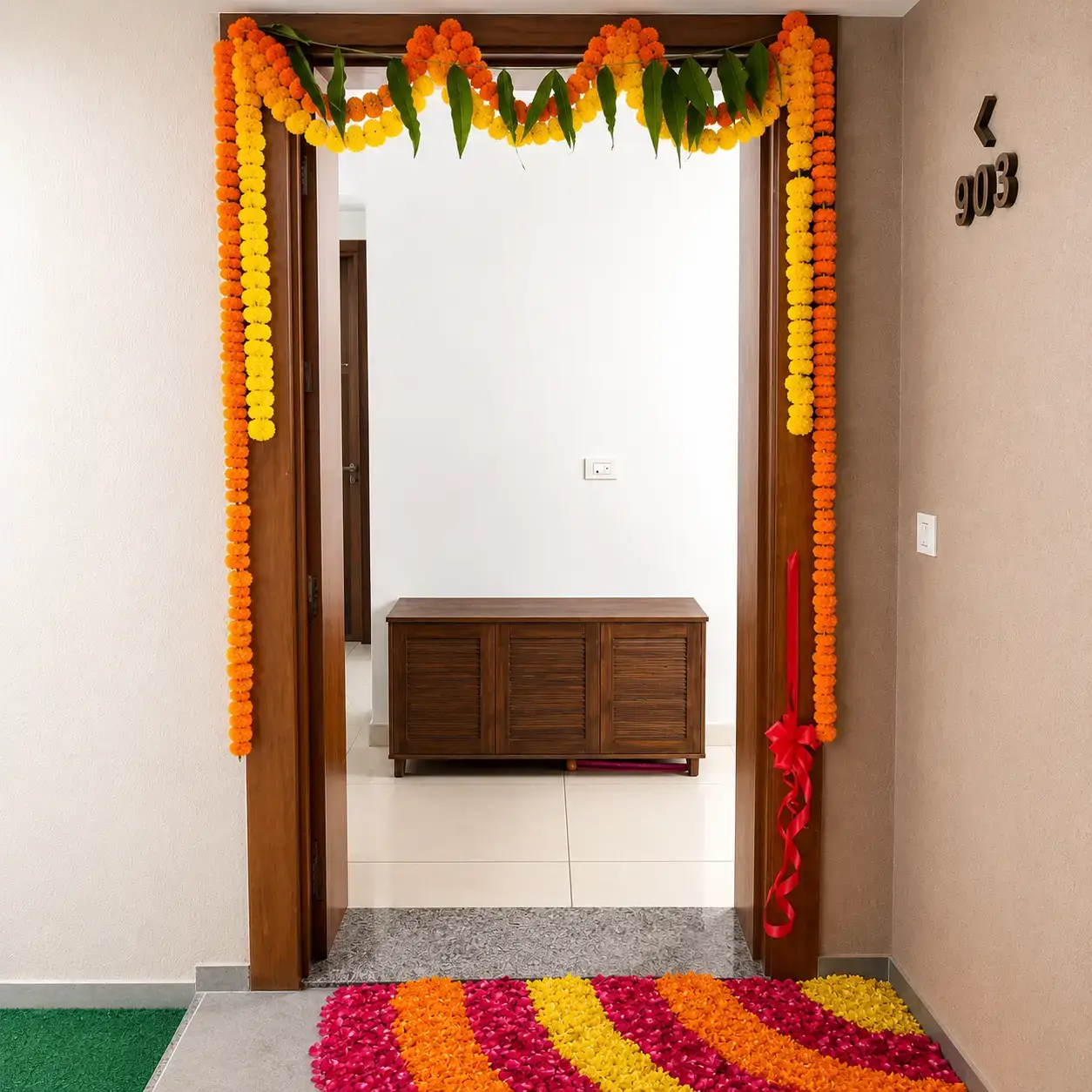 Simple Flower Decoration with entrance gate decorated with real marigold flowers — photo 2