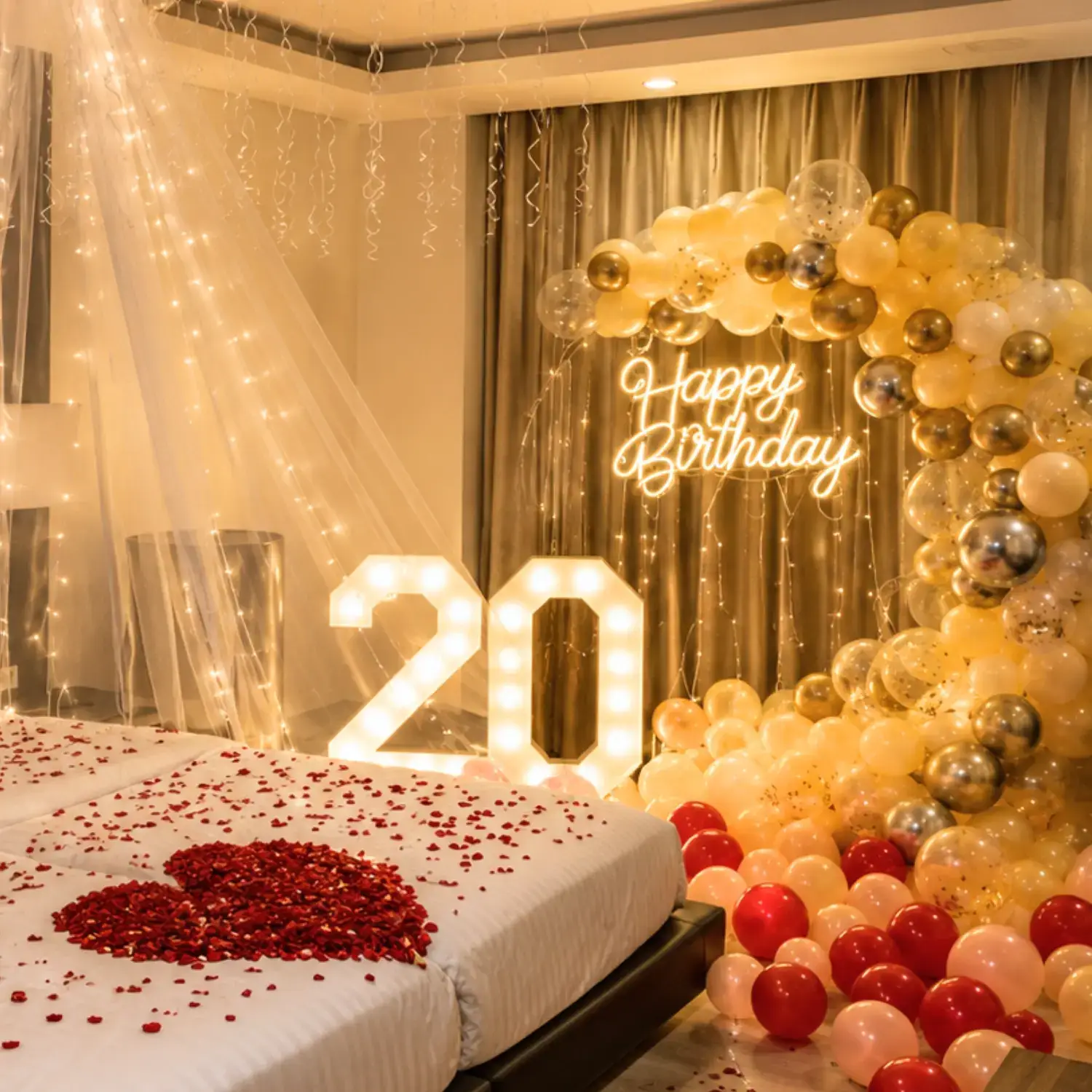 Premium Room Decoration with 80 balloons on ceiling with hanging ribbons — photo 2