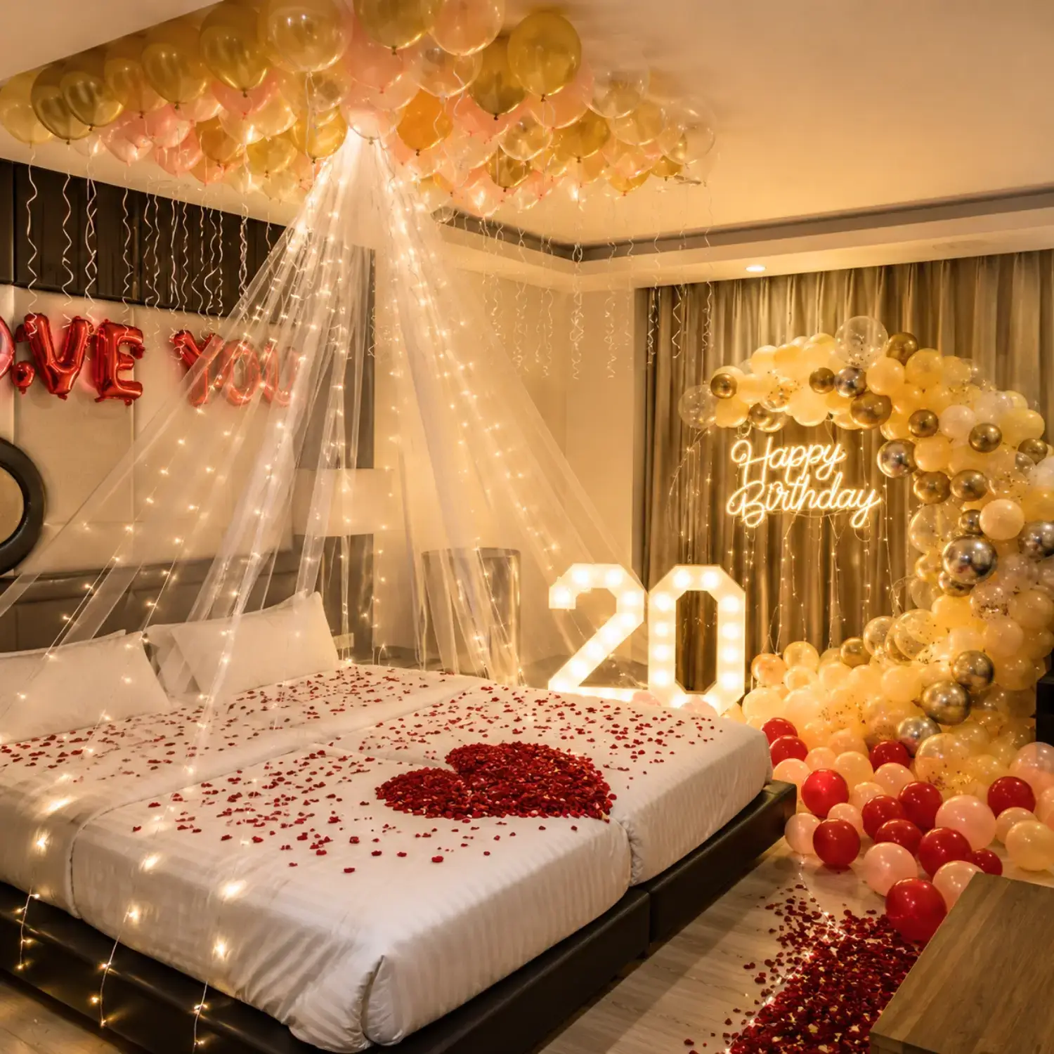 Premium Room Decoration with 80 balloons on ceiling with hanging ribbons