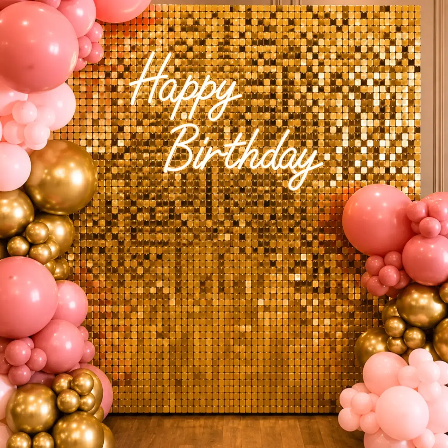 Sequence Wall Decoration for Premium with sequence backdrop (8*8 feet) with happy birthday neon light — photo 2