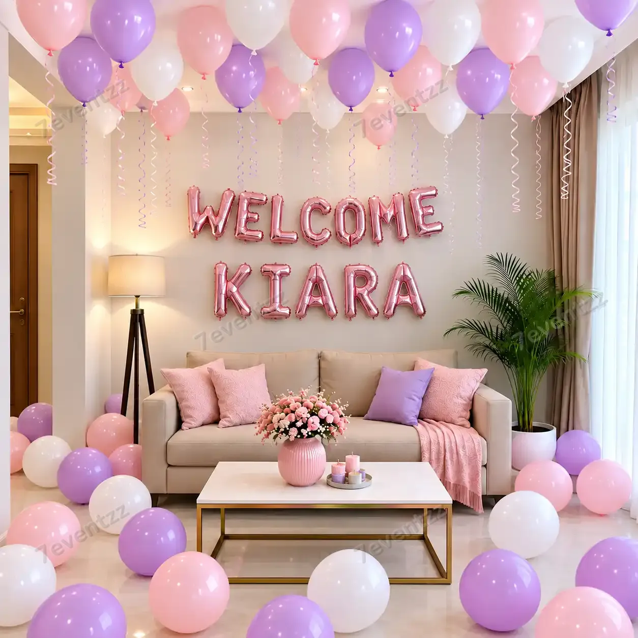 Simple Newborn Welcome Hall Decoration for Baby Welcome with 50 balloons on celling — photo 2