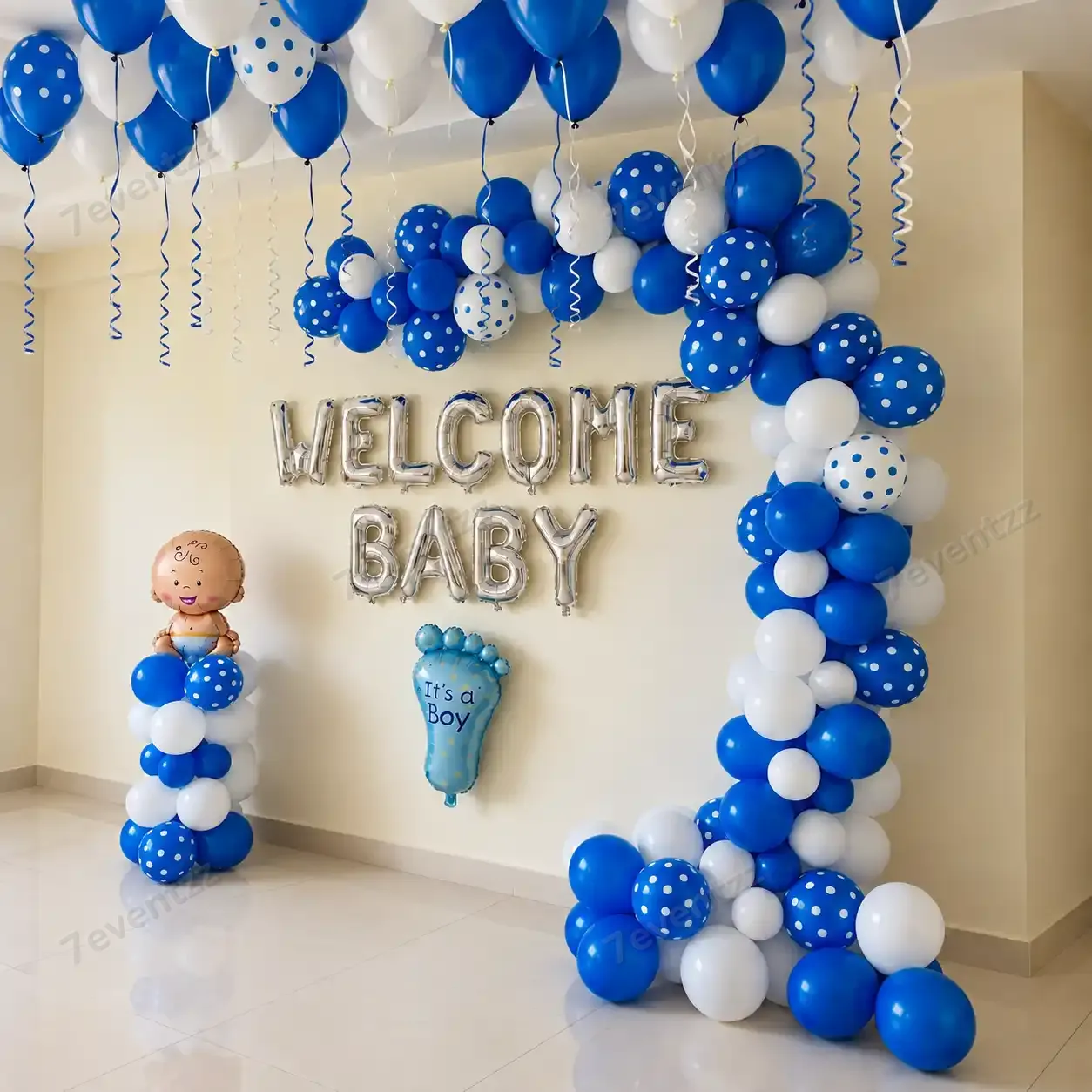 Welcome Decoration For Baby for Baby Welcome with balloon arch of 150 balloons (100 metallic, 20 pol ka dots balloons and 20 chrome balloons) — photo 2