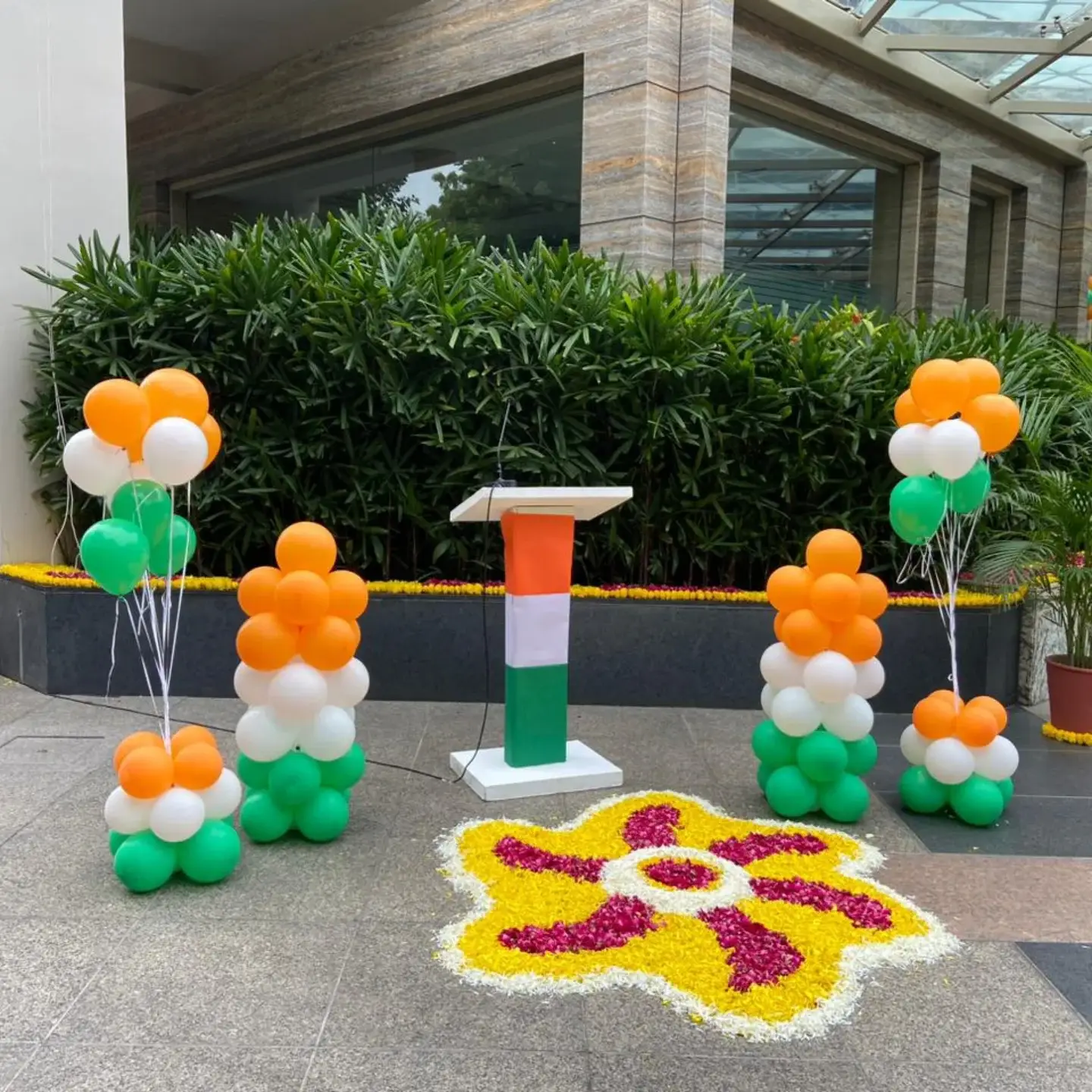 Tricolour balloon decoration in office reception area for 15th August