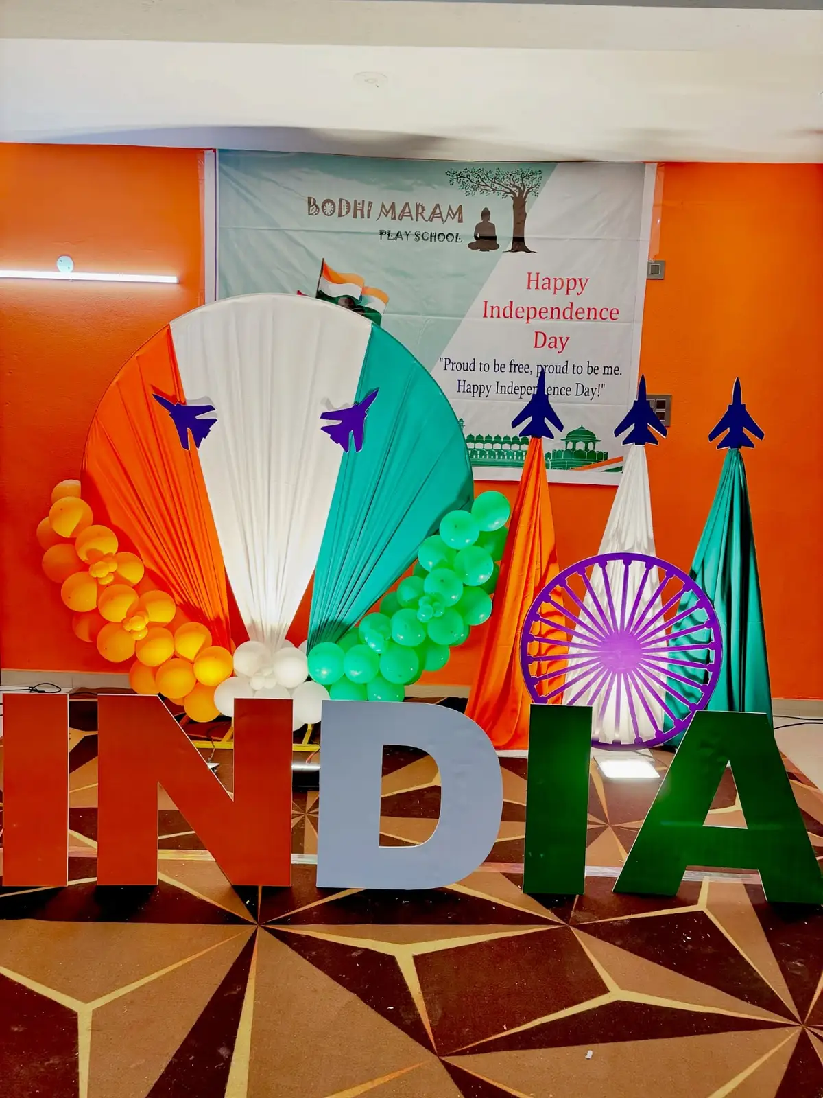 Corporate office lobby decorated with Independence Day tricolour balloons