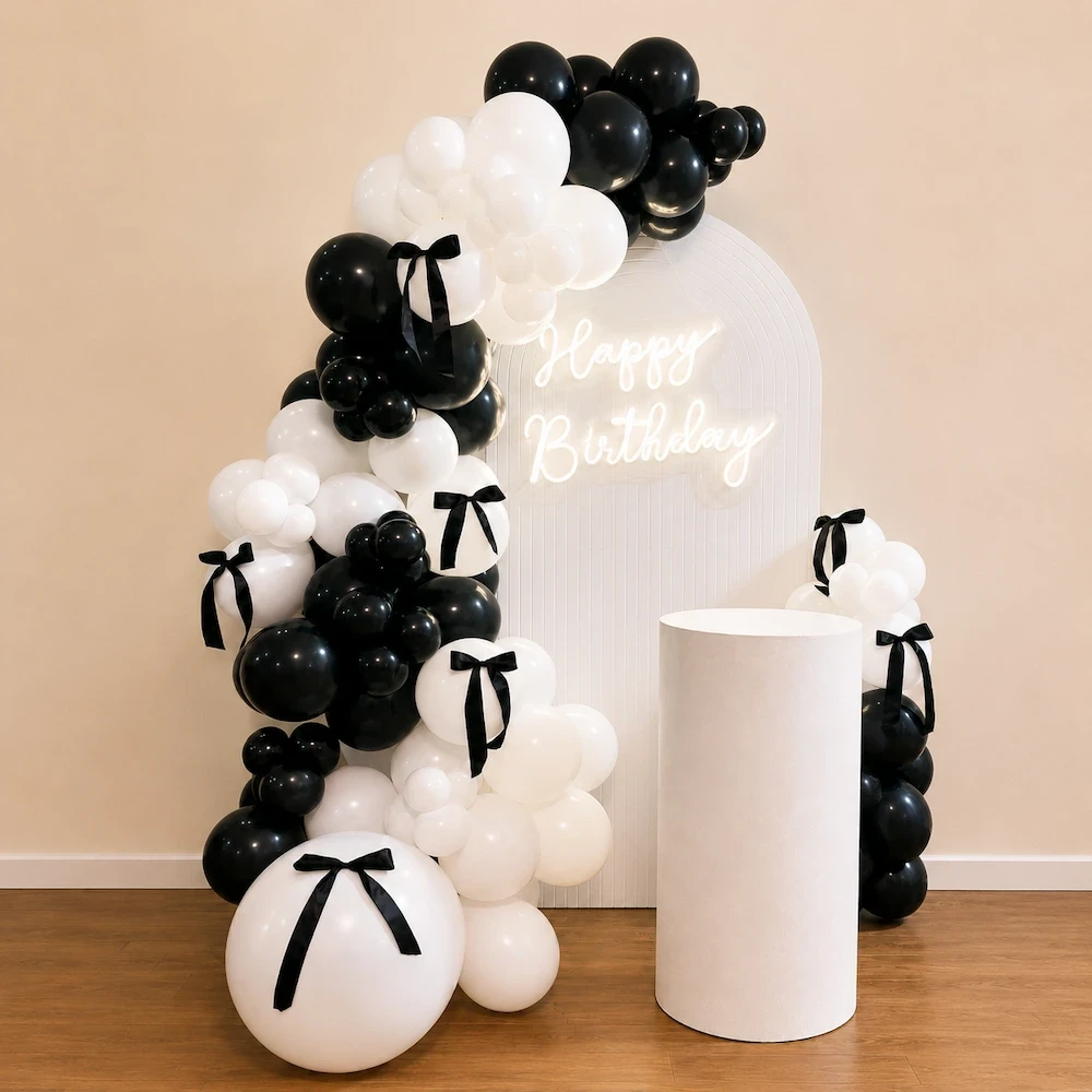 Luxury Black and White Birthday Decoration with Balloon Arch at Home