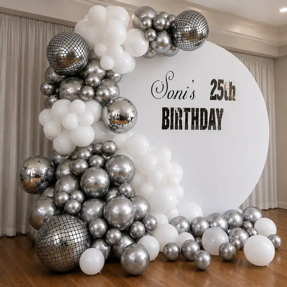 Modern Chrome Silver Balloon Arch Birthday Setup — photo 2