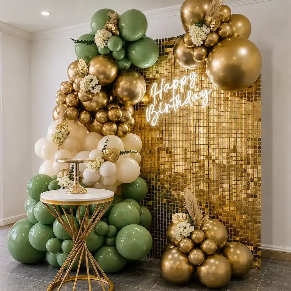 Elegant Sage Green and Gold Birthday Balloon Decoration — photo 2