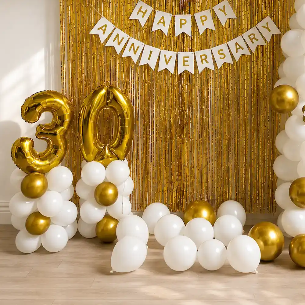 Premium White and Gold Anniversary Party Decoration with Balloon Arch — photo 2