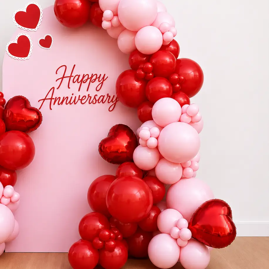 Romantic Anniversary Backdrop with Red and Pink Balloon Arch — photo 2
