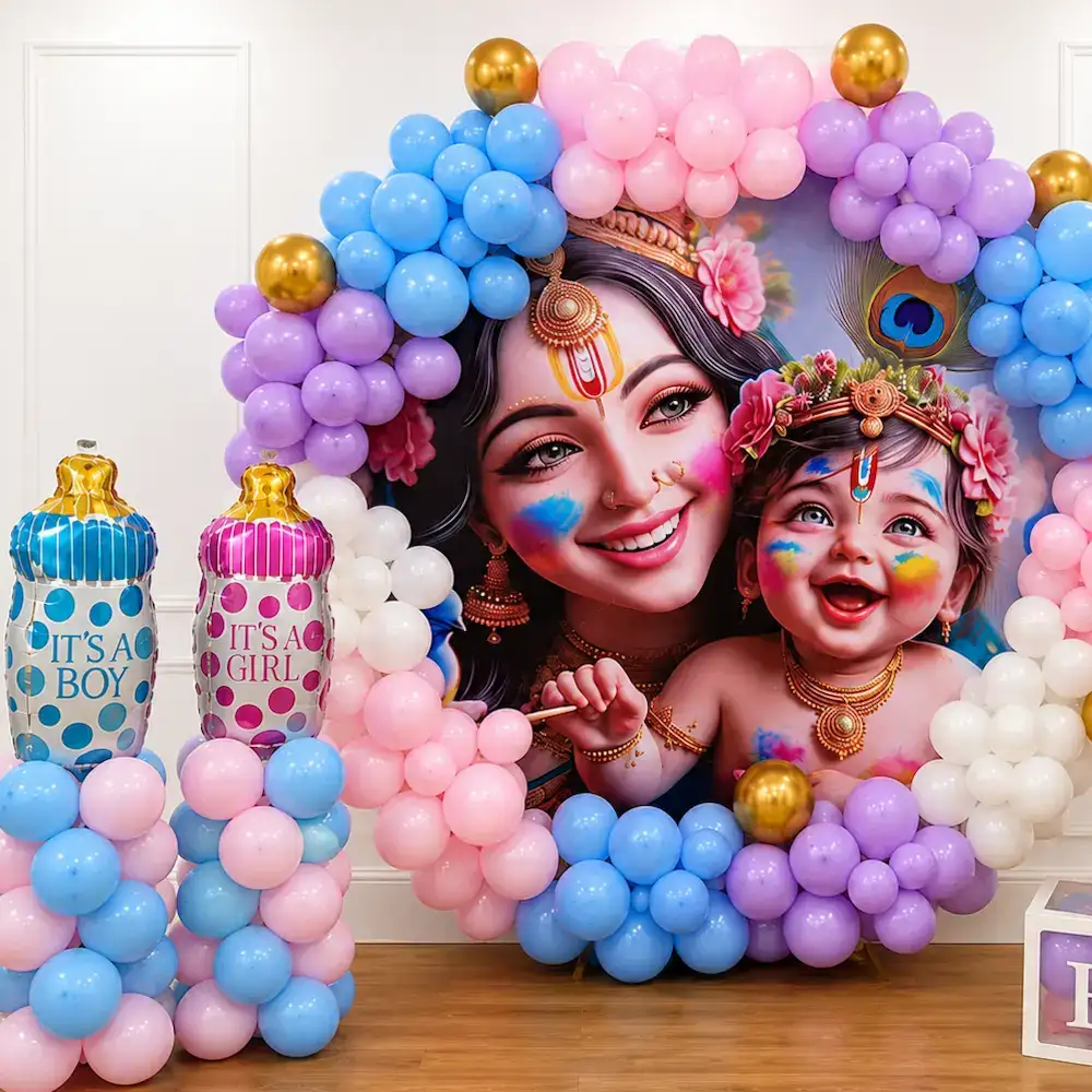 Krishna Theme Baby Shower Decoration with Balloon Arch — photo 2