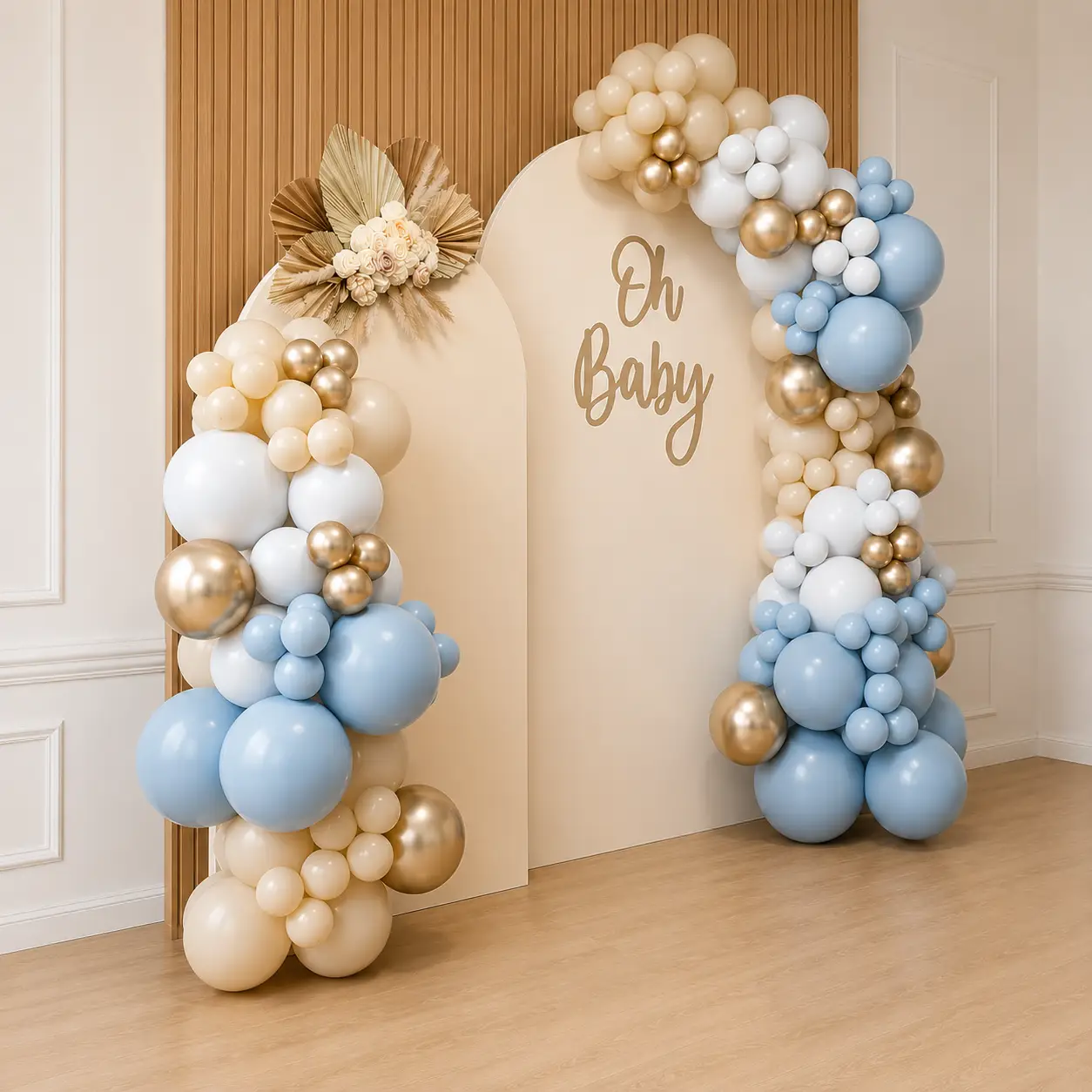 Elegant Oh Baby Balloon Decoration with Blue & Gold Arch Backdrop — photo 3