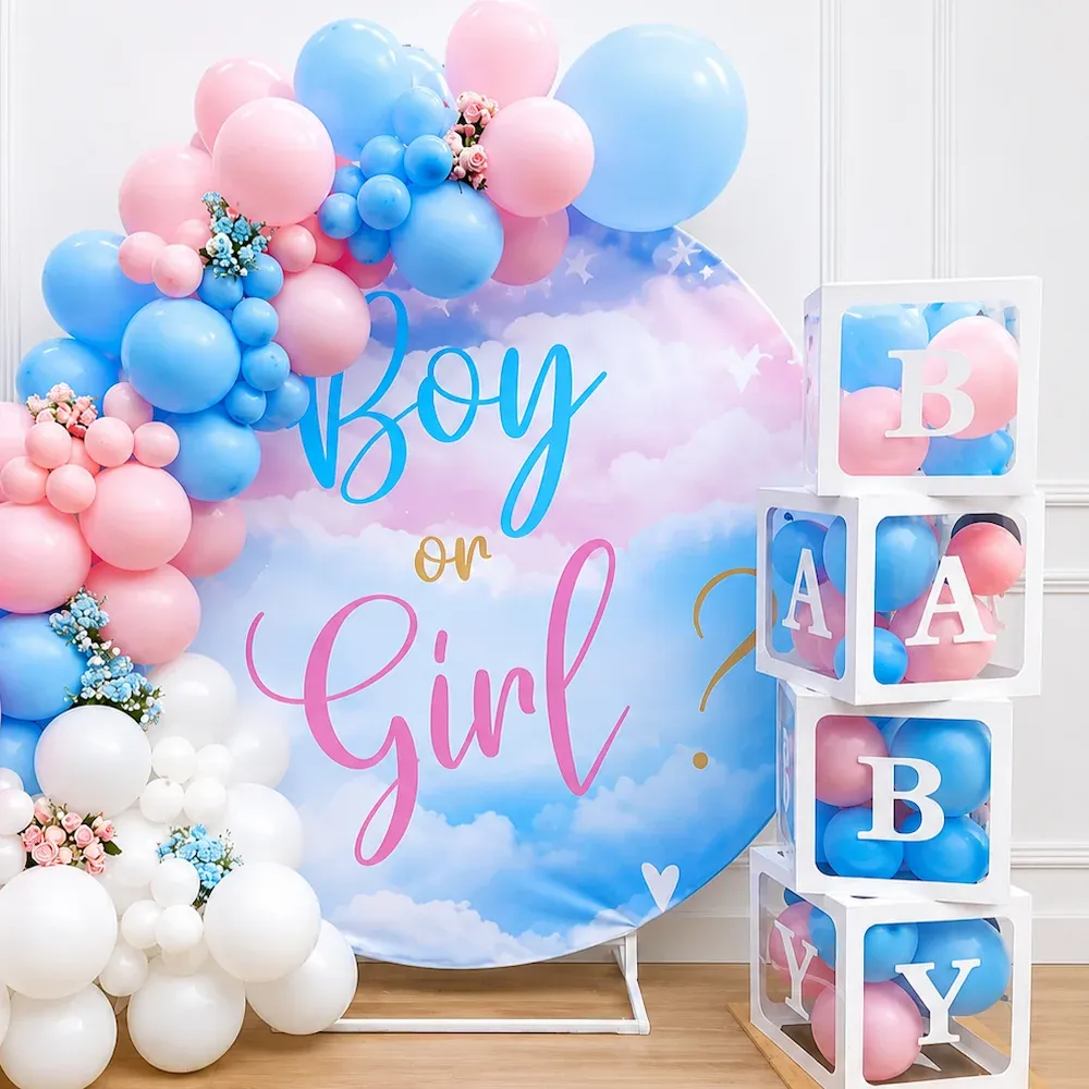 Gender Reveal Backdrop with Pink Blue Balloon Arch — photo 3
