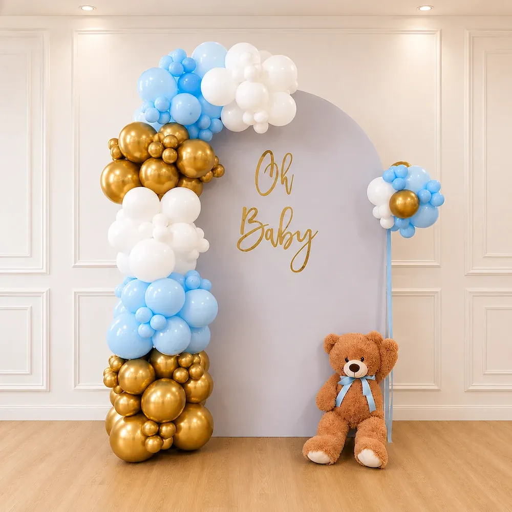 Modern Oh Baby Party Backdrop with Blue Balloon Arch — photo 2