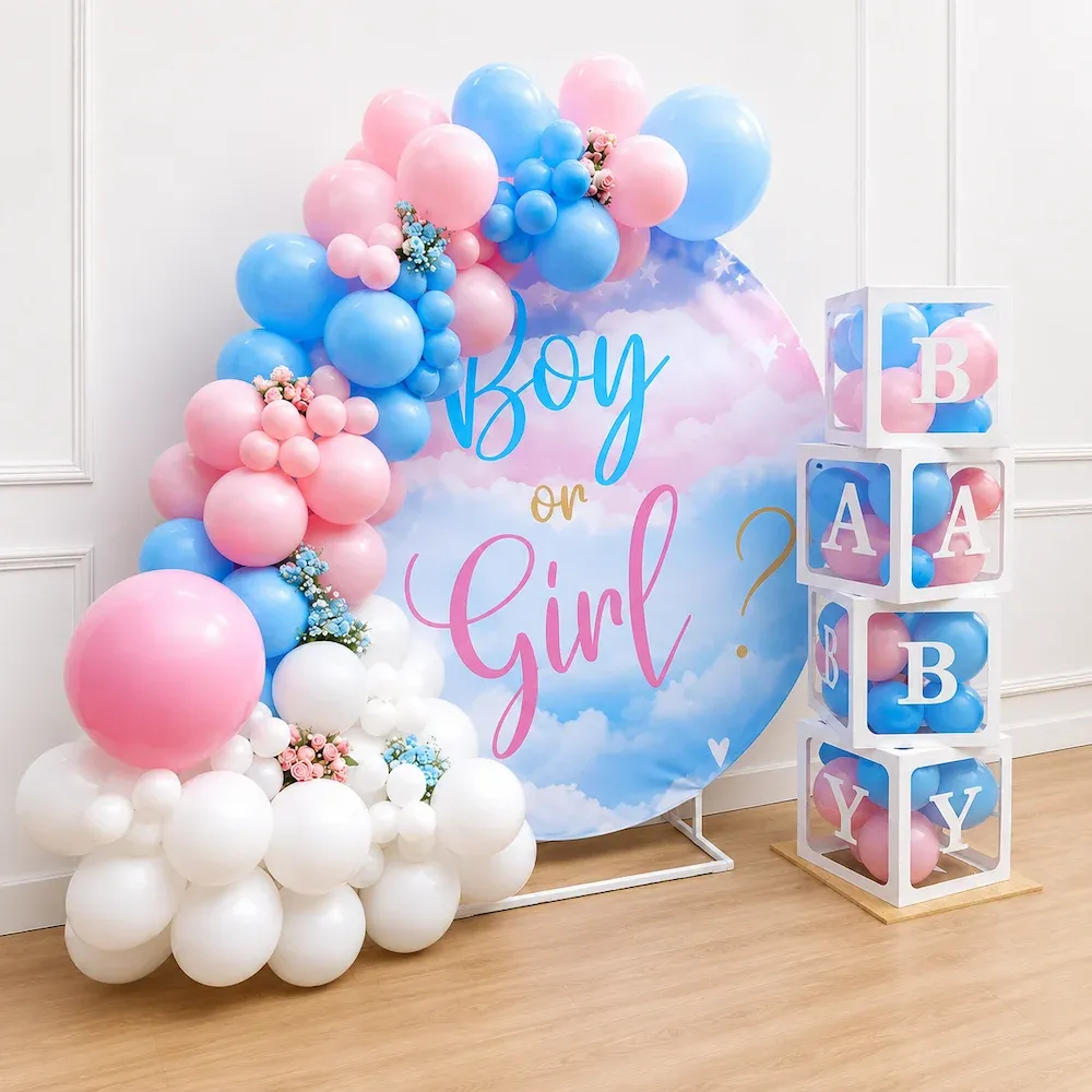 Gender Reveal Backdrop with Pink Blue Balloon Arch — photo 2