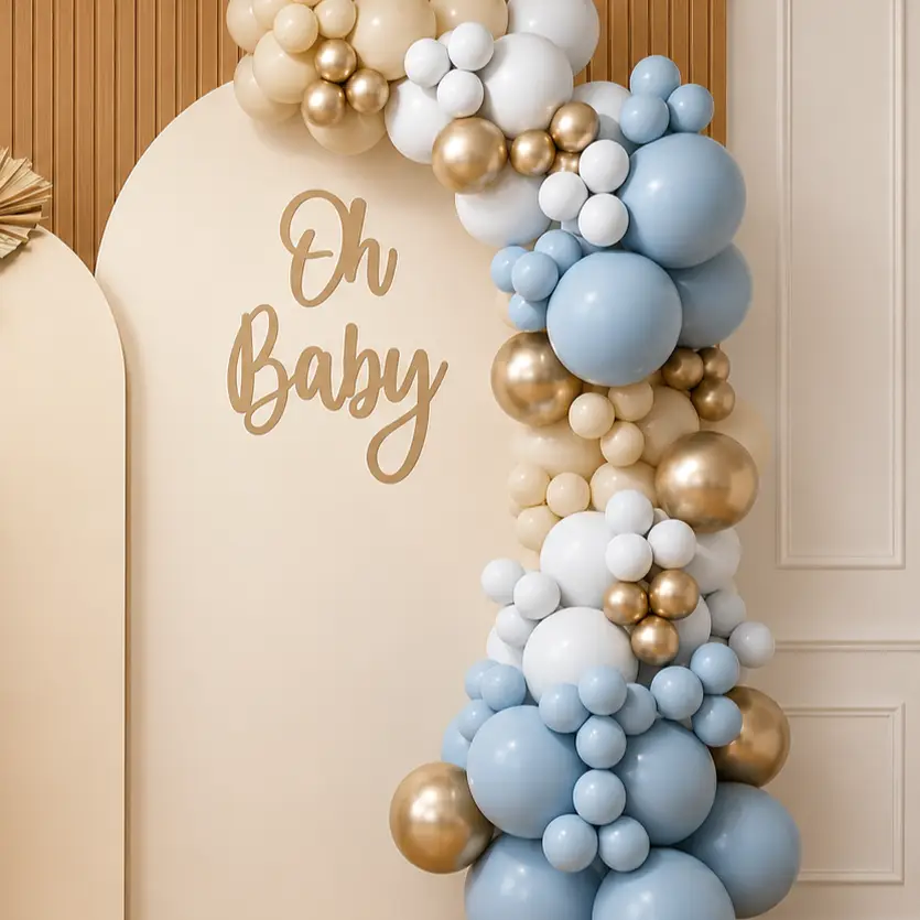 Elegant Oh Baby Balloon Decoration with Blue & Gold Arch Backdrop — photo 2